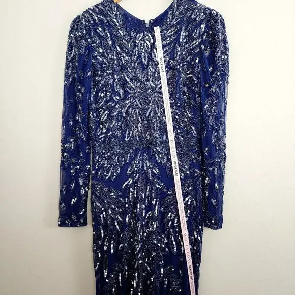 NWT Mac Duggal Illusion Beaded Embellished Long Sleeve Gown 8 Midnight Formal